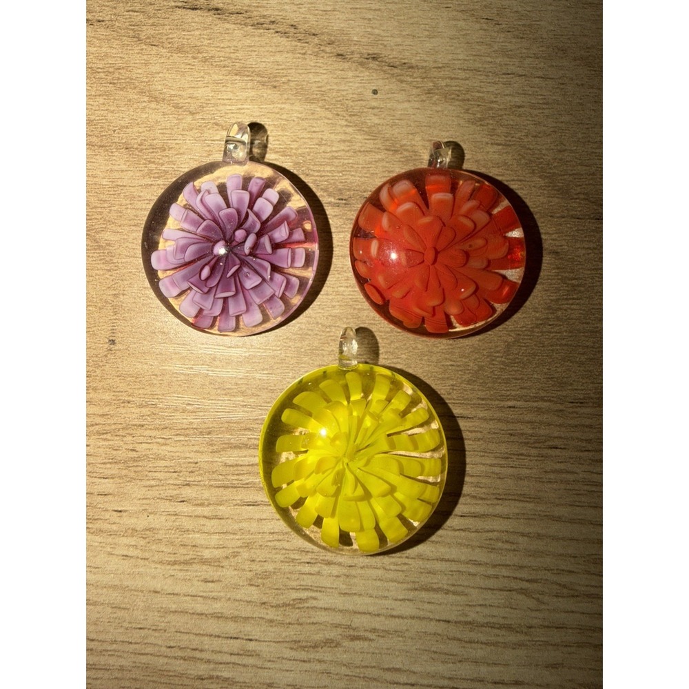 3 Art Glass Light Pale Red Purple Yellow Flower Floral Pendants